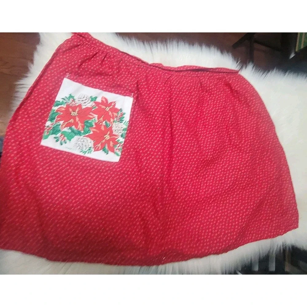 VTG Christmas Half Apron Red Ditsy Floral Poinsettia Graphic Pocket 